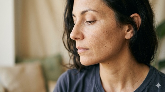 Barriera cutanea: tutti ne parlano, quasi nessuno la spiega Primo piano del viso di una donna su sfondo neutro beige, luce naturale morbida, pelle senza trucco.